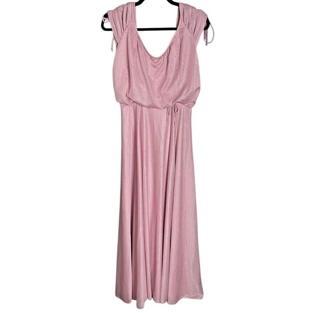 Vintage 70s Dusty Rose Shimmer Disco Dress Blouson Maxi Shirred Sleeves